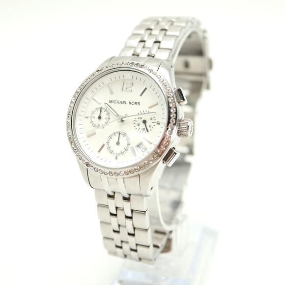 Michael Kors Silver Tone 38mm Chronograph Watch 5.75" Bracelet w New Battery - Picture 1 of 14